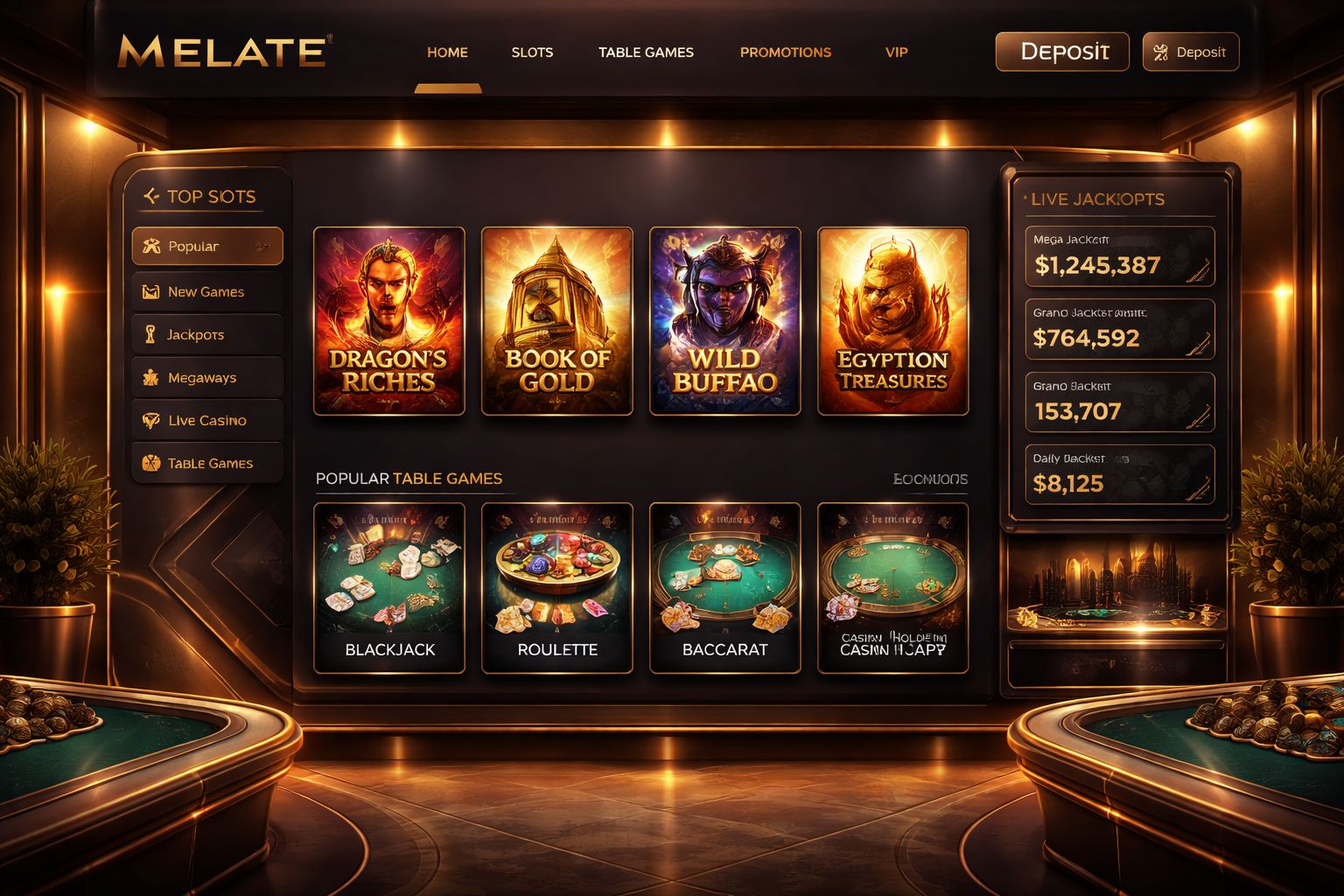 Vista de la plataforma MELATE Casino con categorías de juegos organizadas y acceso seguro