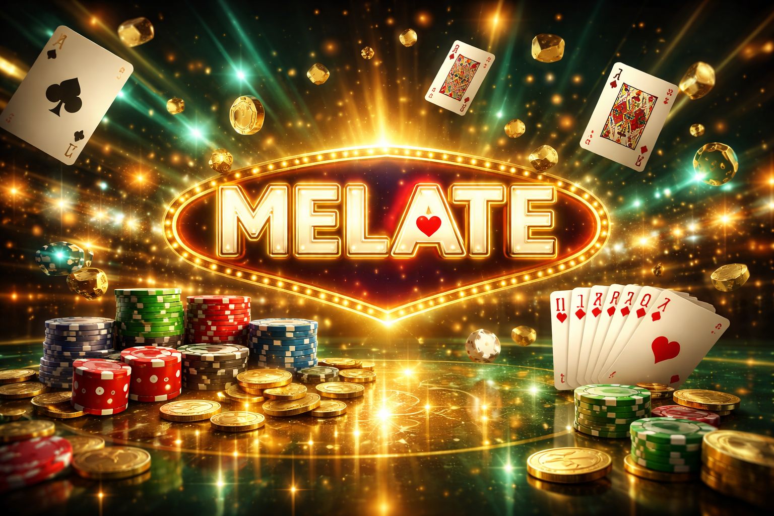 Una escena brillante inspirada en casino con un letrero MELATE luminoso, cartas, dados, fichas y luces dinámicas de juego.