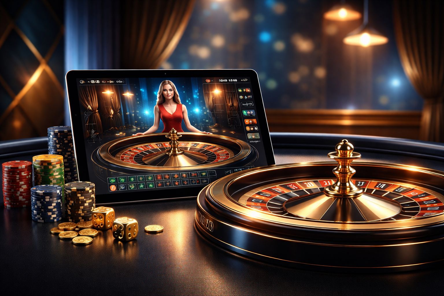 Una elegante configuración de casino en vivo en una pantalla móvil con cartas, elementos de ruleta y luces de estudio en el fondo.