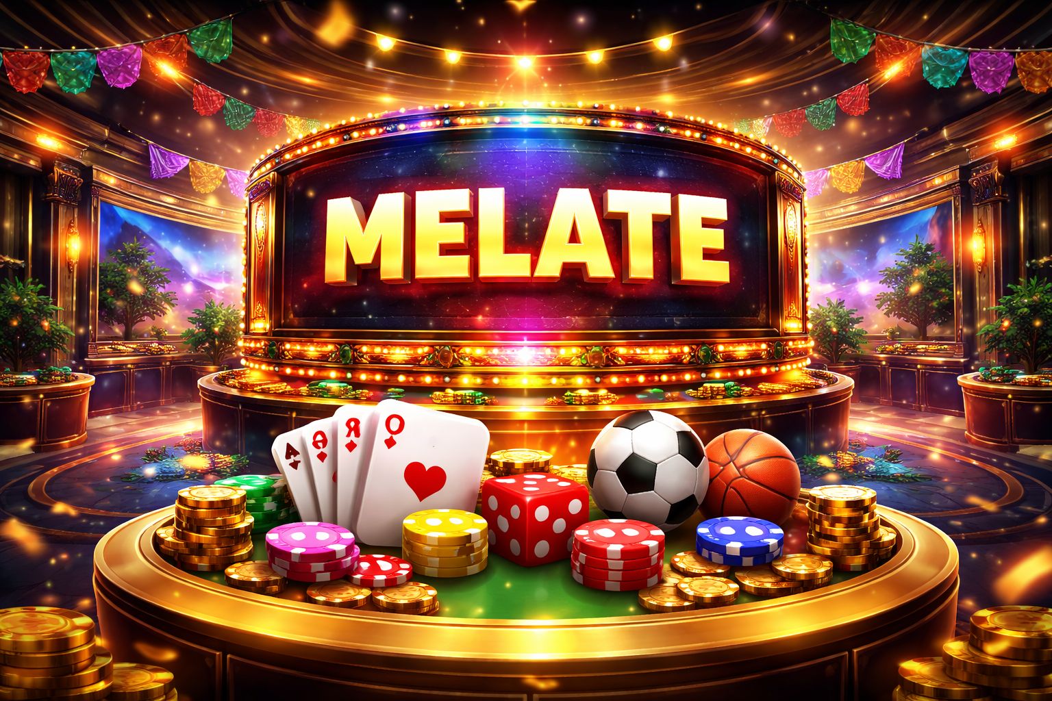 Escena digital brillante de juegos con MELATE mostrado prominentemente, monedas, cartas y elementos deportivos en un ambiente festivo inspirado en México.